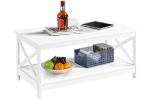 yaheetech wood 2-tier white coffee table with storage shelf for living room, x design accent cocktail table, simple design home furniture, 39.5 x 21.5 x 18 inches