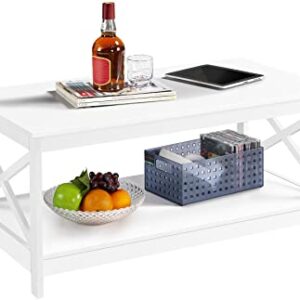 Yaheetech Wood 2-Tier White Coffee Table with Storage Shelf for Living Room, X Design Accent Cocktail Table, Simple Design Home Furniture, 39.5 x 21.5 x 18 Inches