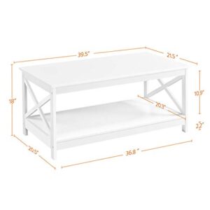 Yaheetech Wood 2-Tier White Coffee Table with Storage Shelf for Living Room, X Design Accent Cocktail Table, Simple Design Home Furniture, 39.5 x 21.5 x 18 Inches