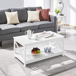 Yaheetech Wood 2-Tier White Coffee Table with Storage Shelf for Living Room, X Design Accent Cocktail Table, Simple Design Home Furniture, 39.5 x 21.5 x 18 Inches