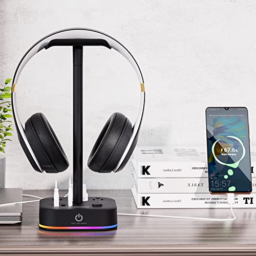 GAMENOTE RGB Headphone Stand & Power Strip 2 in 1 Desk Gaming Headset Holder with 3 USB Charging Ports & 3 Power Outlets Headphones Hanger Accessories for Desktop Gamer