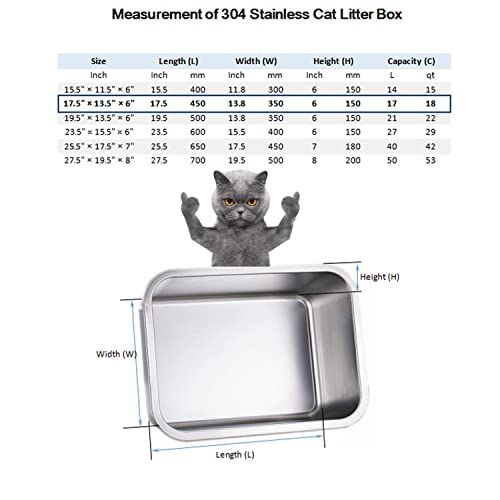 KUNWU SUS304 Stainless Steel Food Grade 6" Deep Medium Cat Litter Box Corrosion Resistant Durable Pan 17.5" x 13.5" x 6"