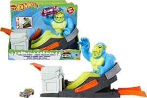 hot wheels toxic ape attack play set for kids 4 to 8 years old, launch included car at moving purple ape to defeat it before it knocks cars off the track & destroys garage