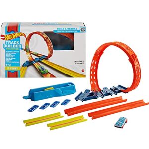 hot wheels track builder unlimited adjustable loop pack for kids 6 years old & up with 1 hot wheels car, spiral loop, launcher & 3 tracks that connects to other sets , orange, blue, yellow