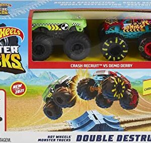 Hot Wheels Monster Trucks Double Destruction 3-in-1 Play Set with 1 1:64 Scale die-cast Metal Body Monster Truck, 1 Plastic Crash Dummy 2 Slam Launchers with Short Straight Tracks & Ramps