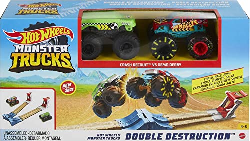 Hot Wheels Monster Trucks Double Destruction 3-in-1 Play Set with 1 1:64 Scale die-cast Metal Body Monster Truck, 1 Plastic Crash Dummy 2 Slam Launchers with Short Straight Tracks & Ramps