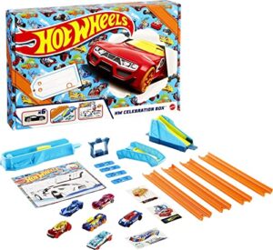 hot wheels hw celebration box complete starter set with 6 1:64 scale cars, track, connectors, 4-speed launcher, ramps, activity page & stickers, gift for kids 4 years old & up