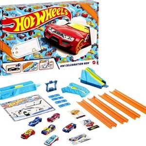 Hot Wheels HW Celebration Box Complete Starter Set with 6 1:64 Scale Cars, Track, Connectors, 4-Speed Launcher, Ramps, Activity Page & Stickers, Gift for Kids 4 Years Old & Up