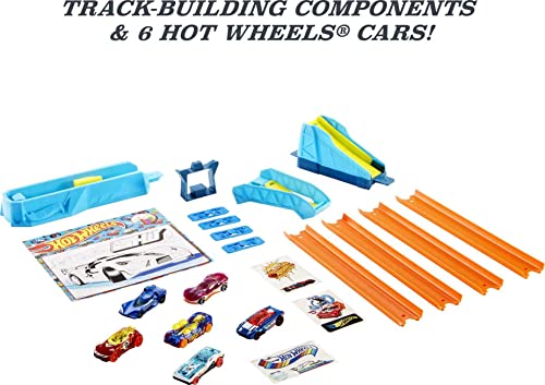 Hot Wheels HW Celebration Box Complete Starter Set with 6 1:64 Scale Cars, Track, Connectors, 4-Speed Launcher, Ramps, Activity Page & Stickers, Gift for Kids 4 Years Old & Up