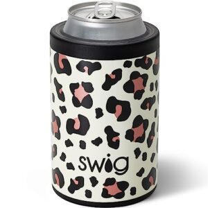 swig life standard can + bottle cooler, stainless steel, dishwasher safe, triple insulated can sleeve for standard size 12oz cans or bottles in luxy leopard print