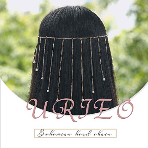 Urieo Bohemian Head Chain Peal Tassel Headpiece Wedding Festival Prom Headband Hair Accessories Jewelry for Women and Girls(Gold)