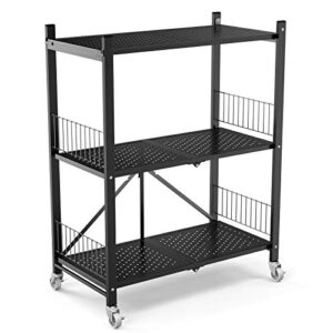 glandu 3-shelf collapsible/foldable heavy duty shelving unit, steel organizer wire rack with wheels, rolling cart, home kitchen laundry closet storage(3-tier)