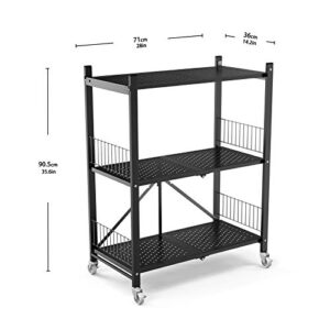 GLANDU 3-Shelf Collapsible/Foldable Heavy Duty Shelving Unit, Steel Organizer Wire Rack with Wheels, Rolling Cart, Home Kitchen Laundry Closet Storage(3-Tier)