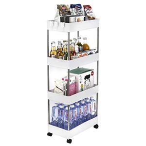 4-tier rolling cart on wheels, mobile slim rolling cart with hooks, multi-functional, suitable for kitchen, bathroom, laundry room narrow place, plastic and stainless steel, white (16l x 8.7w x 34.5h)