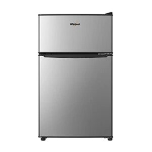 whirlpool whr31ts4e 3.1 cu. ft. compact refrigerator dual door fridge, adjustable mechanical thermostat with true freezer, stainless steel look