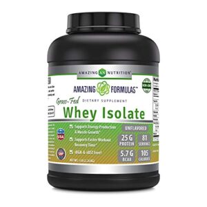amazing formulas grass-fed whey protein isolate - unflavored 5 lbs (2.26 kg) - non-gmo - 25 g protein - 81 servings - 5.7 g bcaas - 105 calories