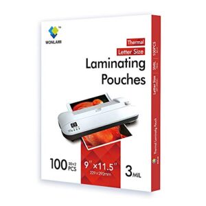 thermal laminating pouches, 3 mil, letter size, 9×11.5 inches, 100(50×2) packs, used for laminator machine by wonlami