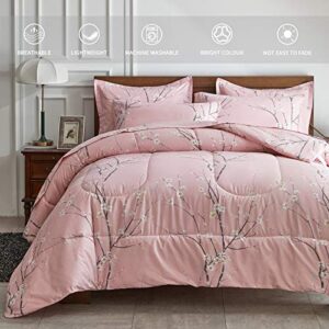 AIKASY Bed in a Bag 6 Pieces Twin Size - Floral Print - Soft Microfiber, Reversible Bed Comforter Set (1 Comforter, 2 Pillow Shams, 1 Flat Sheet, 1 Fitted Sheet, 1 Pillowcases)（Pink, Twin）