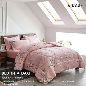 AIKASY Bed in a Bag 6 Pieces Twin Size - Floral Print - Soft Microfiber, Reversible Bed Comforter Set (1 Comforter, 2 Pillow Shams, 1 Flat Sheet, 1 Fitted Sheet, 1 Pillowcases)（Pink, Twin）