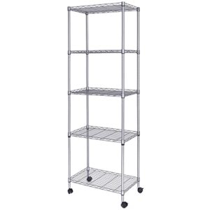 js hanger wire shelving unit with wheels, 5-tier heavy duty height adjustable rolling metal shelves for storage, 550 lbs capacity, 23.23''w x 13.4''d x 71''h, silver