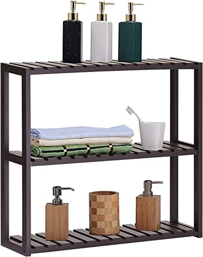 Kinsuite 3-Tier Bathroom Adjustable Multifunctional Bamboo Shelf Layer Rack Wall Mounted Utility Storage Organizer Towel Shelves Kitchen Living Room Holder, Dark Brown