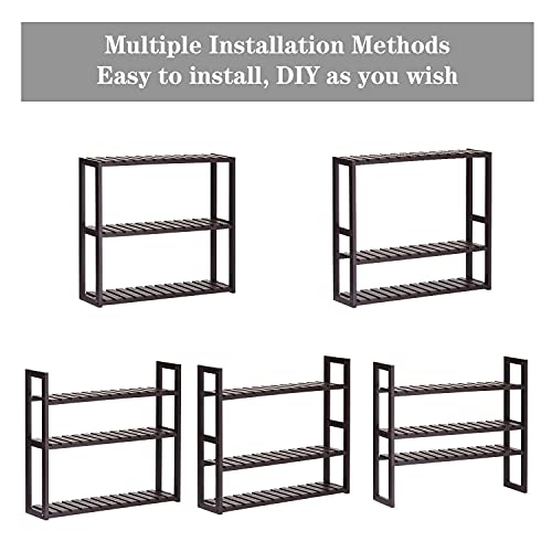 Kinsuite 3-Tier Bathroom Adjustable Multifunctional Bamboo Shelf Layer Rack Wall Mounted Utility Storage Organizer Towel Shelves Kitchen Living Room Holder, Dark Brown