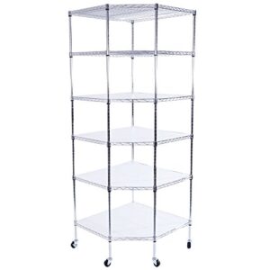 wei wei global 6 tiers polygonal corner shelf, metal storage standing rack w/wheels, wire shelving unit for kitchen, garage and living room (silver)
