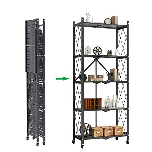 SogesGame Folding Shelving Metal Storage Rack,5-Tier Standing Adjustable Wire Shelving Shelf Unit Shelvesfor Laundry Bathroom Kitchen Pantry Closet (Black)