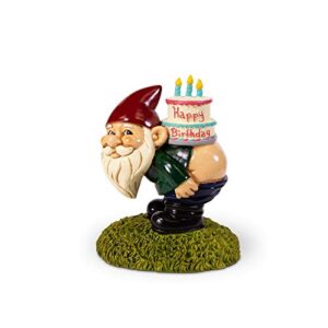 kwirkworks funny garden gnome - happy birthday cake decorative lawn statue - 8 inches tall