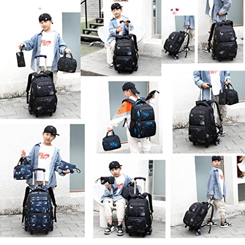 Boys Rolling Backpacks Kids'Luggage Wheeled Backpack for School Boys Trolley Bags Space-Galaxy Durable Bookbag with Lunch Bag