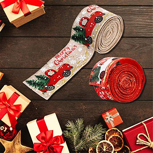 Christmas Ribbon Wired, Red Truck Ribbon Wired Burlap Ribbon for Christmas Wrapping, Crafts Decorations