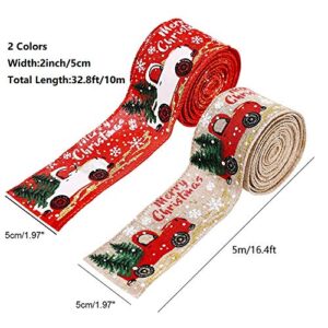 Christmas Ribbon Wired, Red Truck Ribbon Wired Burlap Ribbon for Christmas Wrapping, Crafts Decorations