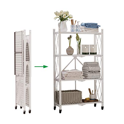 soges 4-Tier Foldable Shelf, Heavy Duty Metal Rack Storage Shelving Units with Wheels, Easy Moving Multifunction Utility Cart for Home Office Kitchen Garage, White,CXYM-R4-W