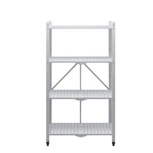 soges 4-Tier Foldable Shelf, Heavy Duty Metal Rack Storage Shelving Units with Wheels, Easy Moving Multifunction Utility Cart for Home Office Kitchen Garage, White,CXYM-R4-W