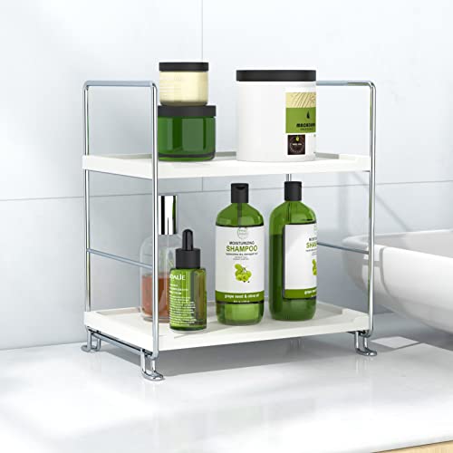 JANUS LiANG 2-Tier Standing Storage Shelf Makeup Organizer Cosmetic Holder Corner Storage Shelf Kitchen Spice Rack Standing Counter Shelf for Vanity, Bathroom, Bedroom, Kitchen (Chrome)