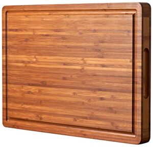 xl cutting board for kitchen, 20x15" extra large, 1" thick bamboo wood butcher chopping block, cheese board, durable reversible with juice grooves and handles