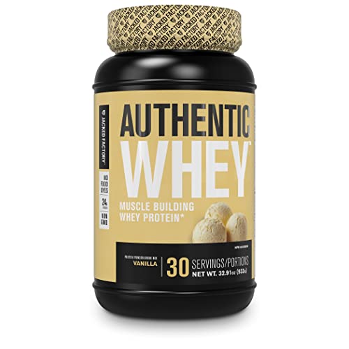 Jacked Factory Authentic Whey Muscle Building Whey Protein Powder - Low Carb, Non-GMO, No Fillers, Mixes Perfectly - Vanilla Flavor