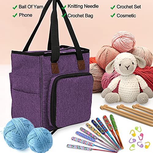 Coopay Yarn Bag Knitting Tote Bag, Portable Yarn Tote Organizer Sewing Basket for Crochet Hook Set, Knitting Needles, Crocheting Project, Skein and Sewing Supplies - No Accessories(Elegant Purple)