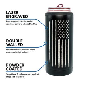 American Flag Skinny Can Cooler for Slim Beer & Hard Seltzer Cans | 12oz Stainless Steel Insulated Tall Can Cooler – Gifts for Veterans