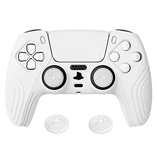 eXtremeRate PlayVital Samurai Edition White Anti-Slip Controller Grip Silicone Skin for ps5, Ergonomic Soft Rubber Protective Case for ps5 Controller with White Thumb Stick Caps