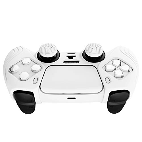 eXtremeRate PlayVital Samurai Edition White Anti-Slip Controller Grip Silicone Skin for ps5, Ergonomic Soft Rubber Protective Case for ps5 Controller with White Thumb Stick Caps