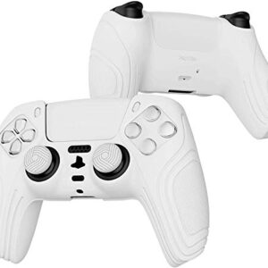 eXtremeRate PlayVital Samurai Edition White Anti-Slip Controller Grip Silicone Skin for ps5, Ergonomic Soft Rubber Protective Case for ps5 Controller with White Thumb Stick Caps