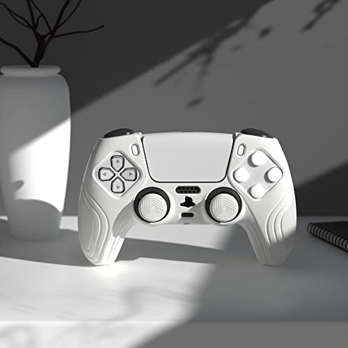 eXtremeRate PlayVital Samurai Edition White Anti-Slip Controller Grip Silicone Skin for ps5, Ergonomic Soft Rubber Protective Case for ps5 Controller with White Thumb Stick Caps