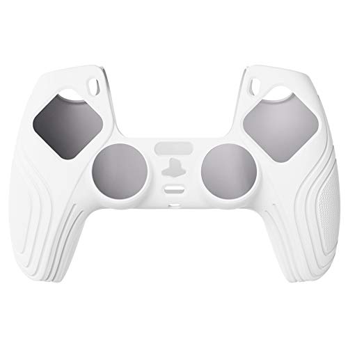 eXtremeRate PlayVital Samurai Edition White Anti-Slip Controller Grip Silicone Skin for ps5, Ergonomic Soft Rubber Protective Case for ps5 Controller with White Thumb Stick Caps