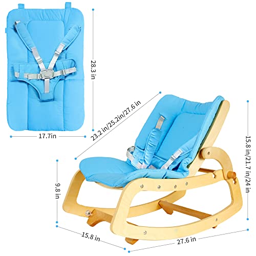 MallBest 3-in-1 Baby Bouncer Adjustable Wooden Rocker Chair Recliner with Removable Cushion and Seat Belt for Infant to Toddler (Blue)