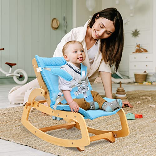 MallBest 3-in-1 Baby Bouncer Adjustable Wooden Rocker Chair Recliner with Removable Cushion and Seat Belt for Infant to Toddler (Blue)