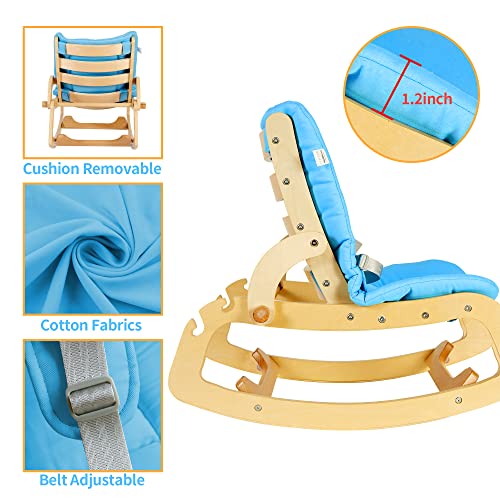 MallBest 3-in-1 Baby Bouncer Adjustable Wooden Rocker Chair Recliner with Removable Cushion and Seat Belt for Infant to Toddler (Blue)