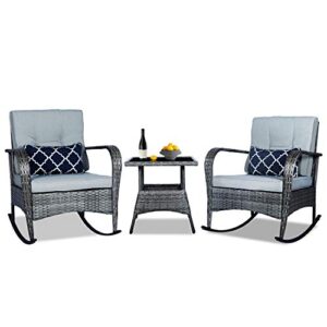 funkoco 3 pieces patio pe rattan conversation chair set, outdoor furniture rocking chair set with water-proof cushion&coffee table for garden,backyard and porch (light grey)