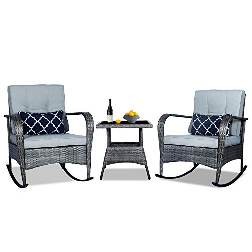 FUNKOCO 3 Pieces Patio PE Rattan Conversation Chair Set, Outdoor Furniture Rocking Chair Set with Water-Proof Cushion&Coffee Table for Garden,Backyard and Porch (Light Grey)