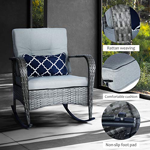 FUNKOCO 3 Pieces Patio PE Rattan Conversation Chair Set, Outdoor Furniture Rocking Chair Set with Water-Proof Cushion&Coffee Table for Garden,Backyard and Porch (Light Grey)